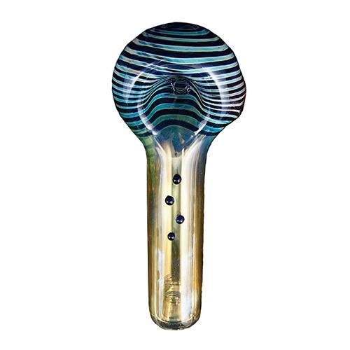 The hand blown Fiesta hand pipe is designed in Canada by Red Eye Glass. Each 3.5" pipe is made out of colour-changing, borosilicate glass. It features a distinct, colourful 3-D stud pattern along the neck. Recommended for dried flower.