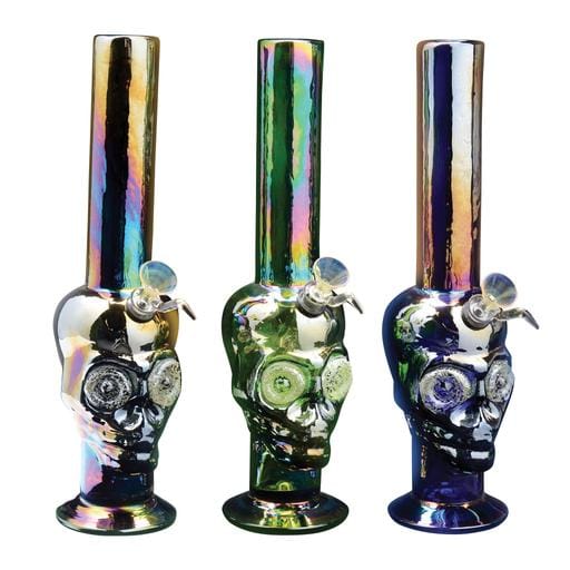 SKULL WATER PIPE by RETRO GLASS Retro 13" soft glass platinum metallic skull water pipe with diamond glow eyes.