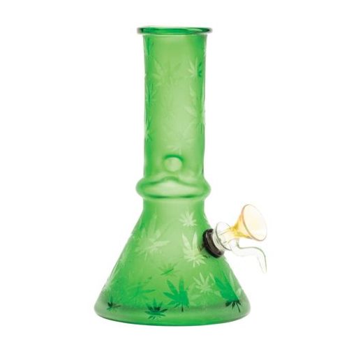 MULTI-LEAF ETCHED BEAKER WATER PIPE by RETRO GLASS Retro 8" soft glass green etched multi-leaf beaker water pipe with ice pinch.