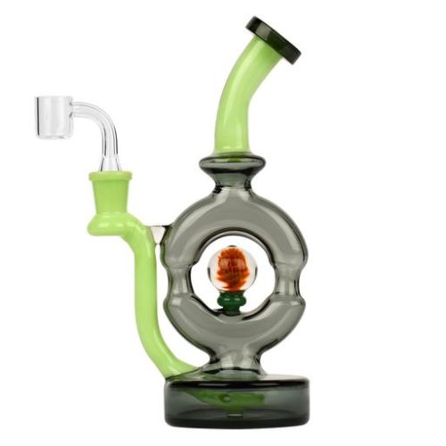 9" TALL SMOKE & OPAL GREEN DONUT RIG W/H by Red Eye Glass